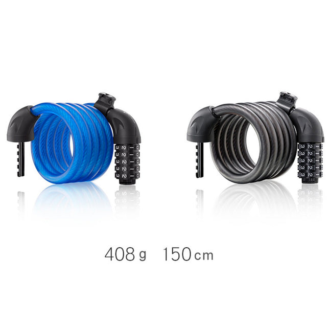 Image of the heavy duty combination lock in black and blue colourways with the weight (408 grams) and length (150cm) displayed