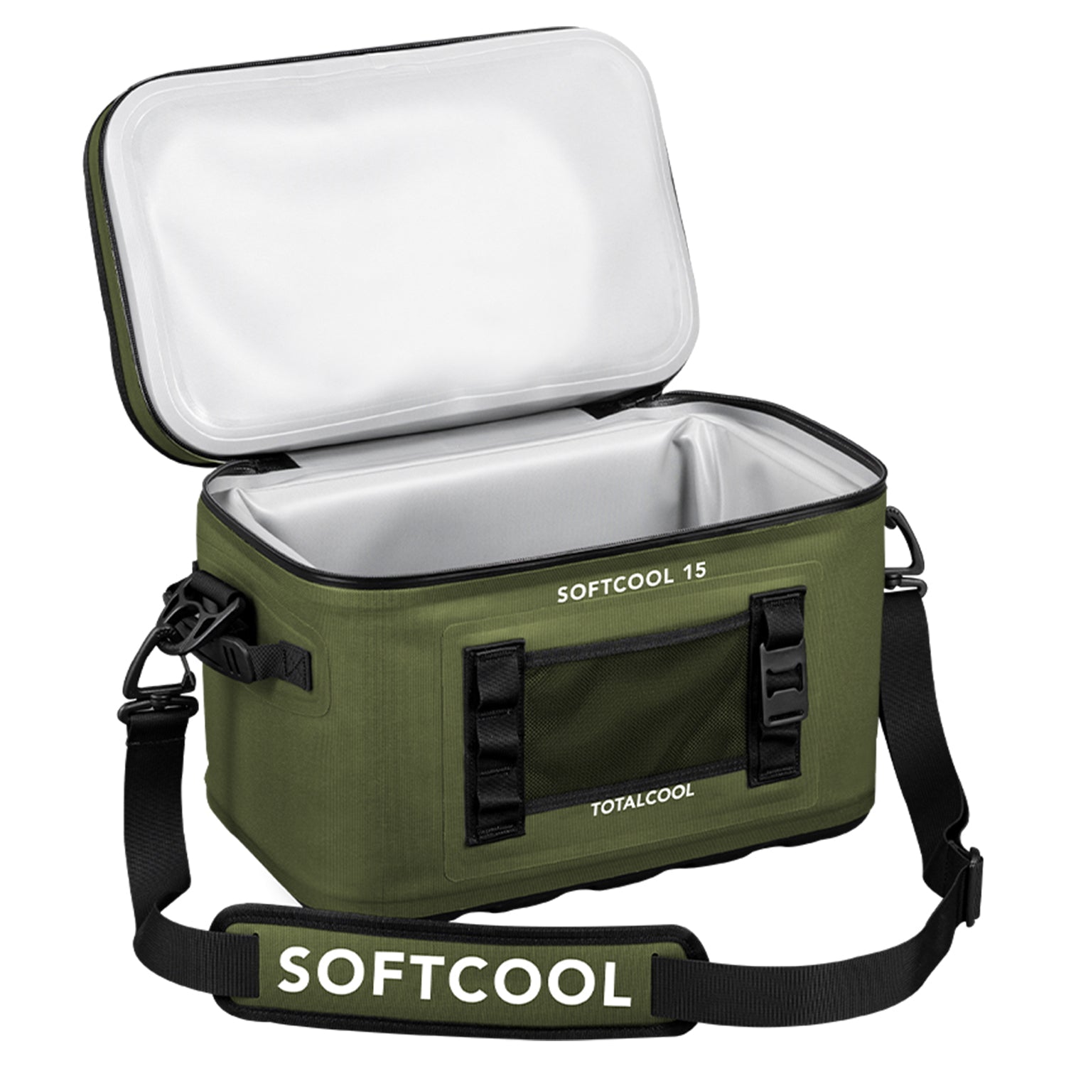 Image of the green softcool 15 coolbag with the lid open from a 3/4's angle