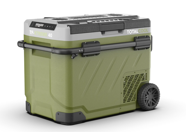 Green portable fridge box with wheels on a white background