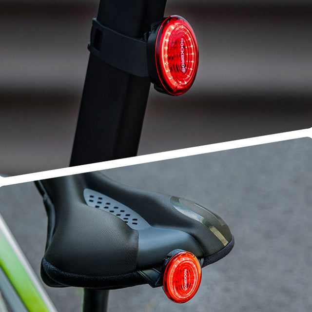 Image of a tail light attached to the seatpost and to the saddle of a bike