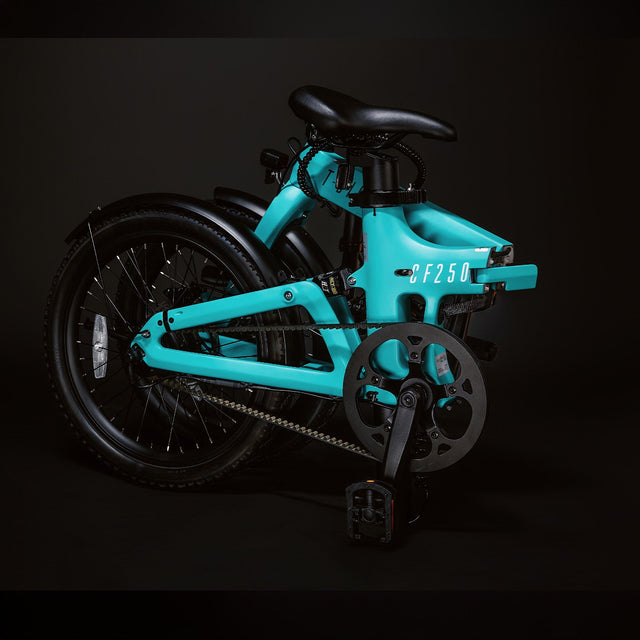 Image of the turquoise Carbon Fibre 250 folded compactly