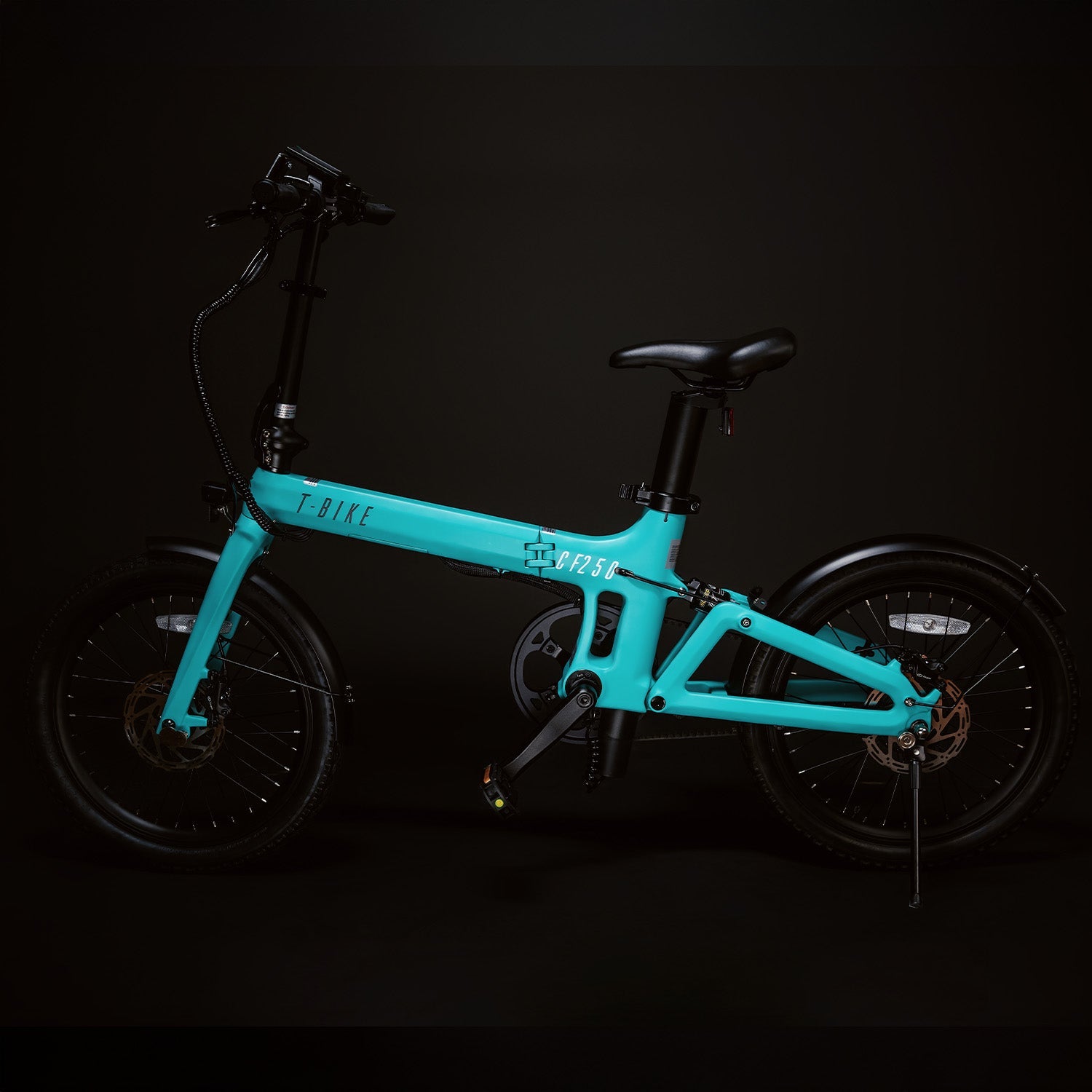 Image of the turquoise Carbon Fibre 250 viewed from the side with the kickstand on display