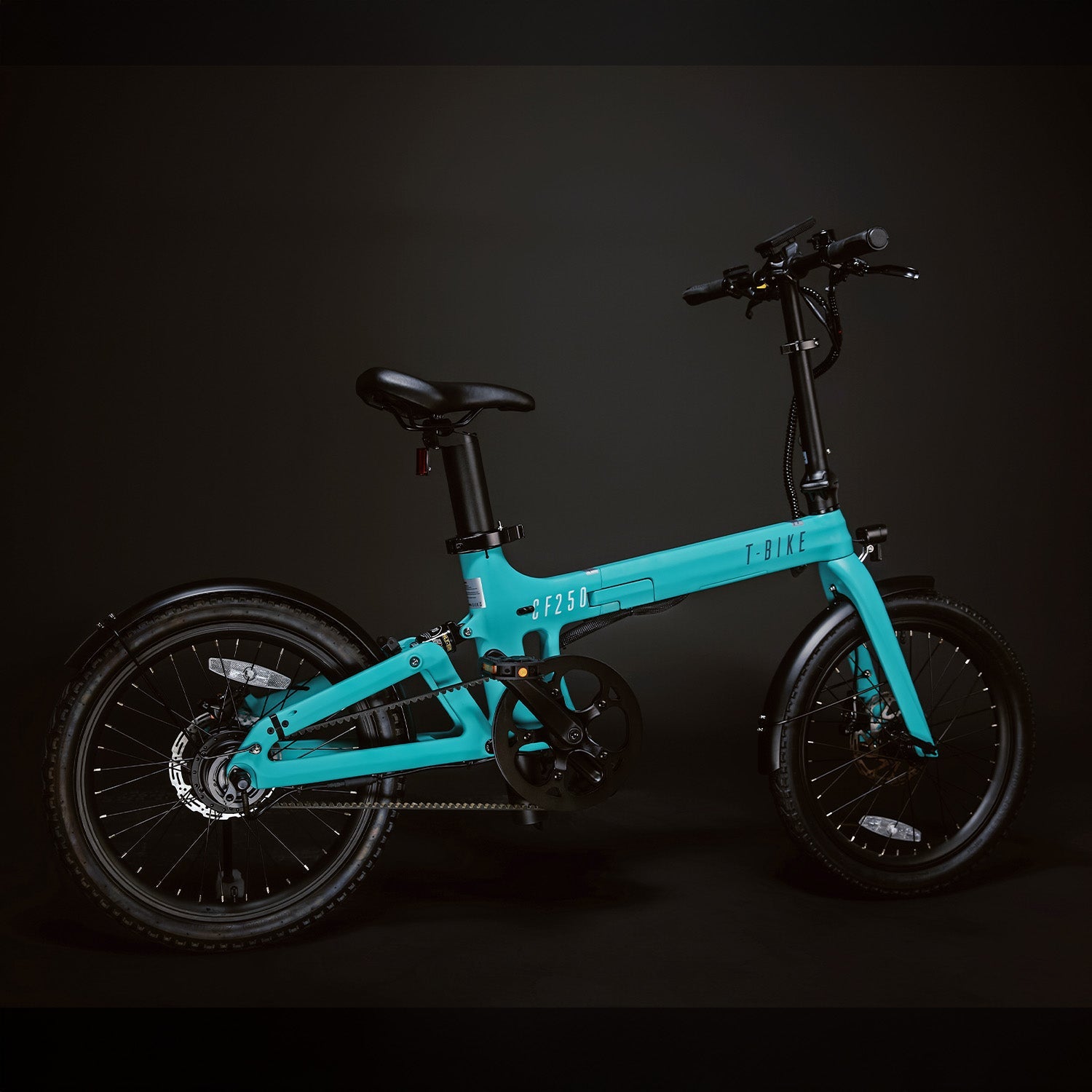 Image of the Turquoise Carbon Fibre 250 folding E-Bike facing away from the camera