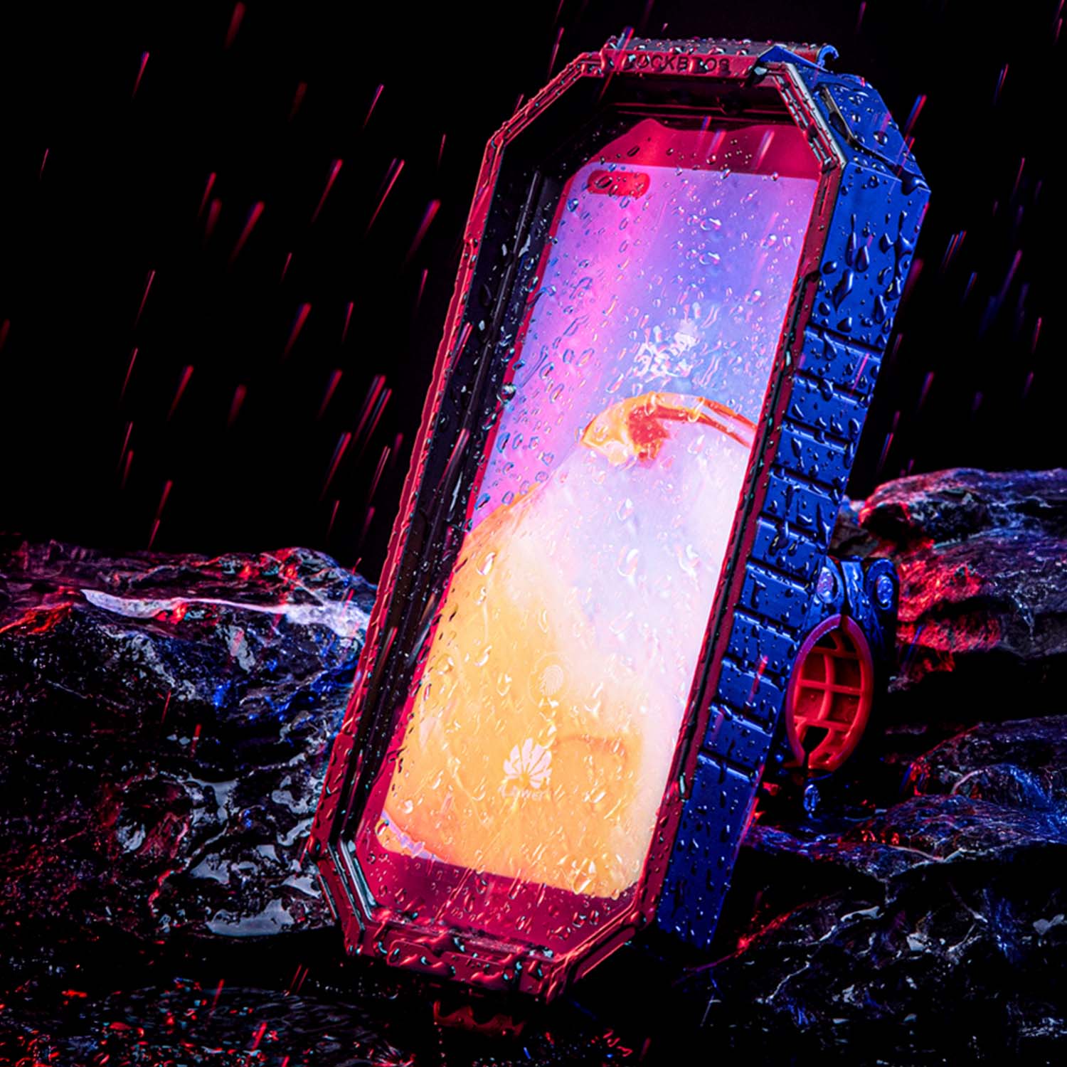 Image of the rainproof mobile phone holder in the rain with neon lighting