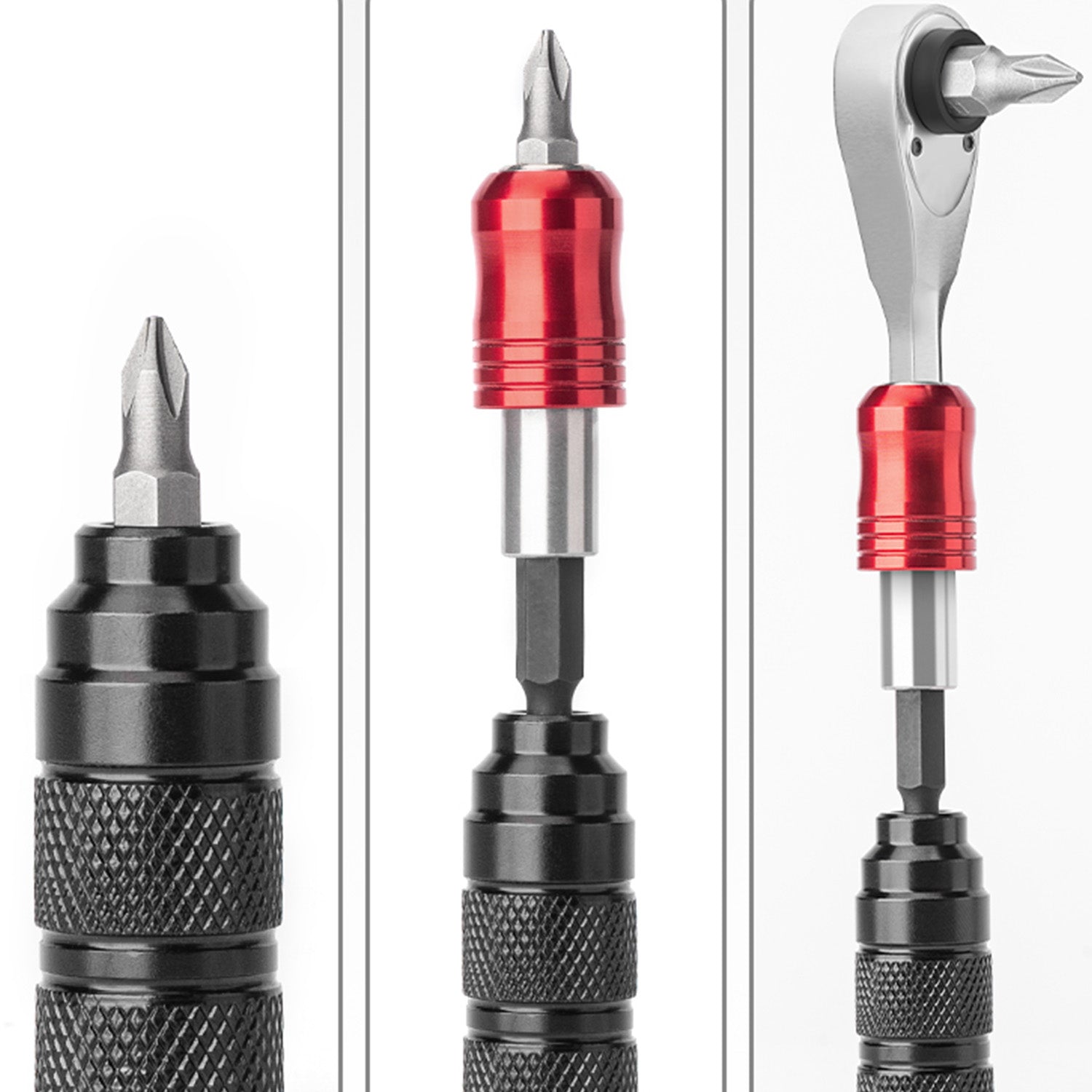 An image displaying three different tip attachments for the ratchet wrench