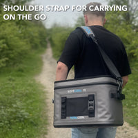 Image of the grey Softcool 15 coolbox being carried down a wooded path with the caption "Shoulder strap for carrying on the go"