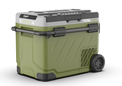 Green portable fridge box with wheels on a white background