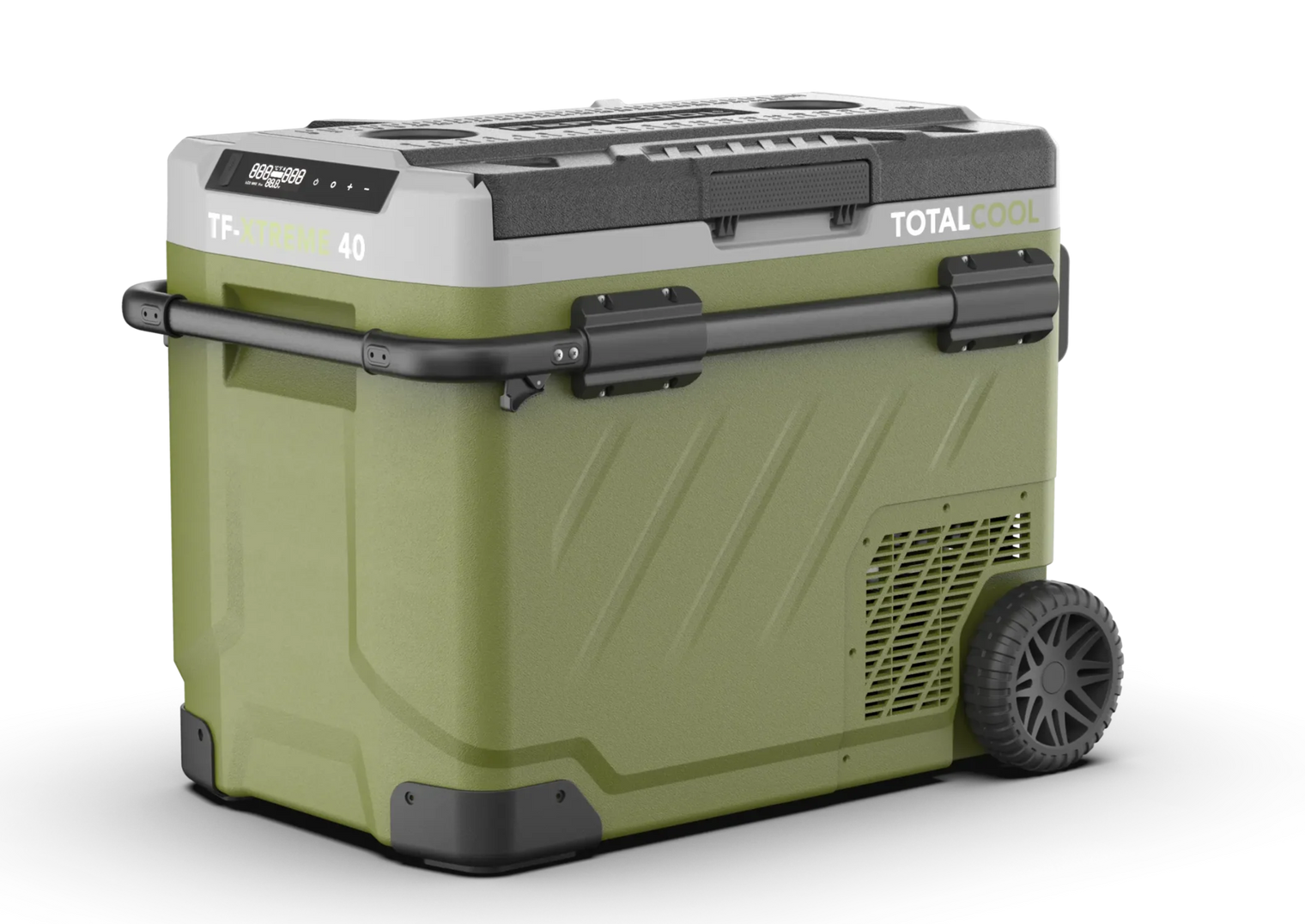 Green portable fridge box with wheels on a white background