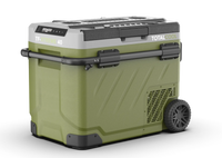 Green portable fridge box with wheels on a white background