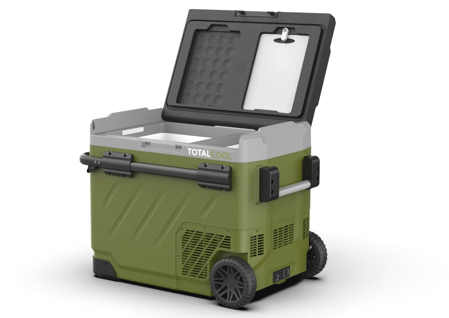 Open Green portable fridge freezer with wheels on a white background