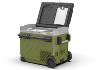 Open Green portable fridge freezer with wheels on a white background